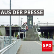 Bild vom Bahnhof Springpfuhl. Blick auf die Treppe zur Straßenbahn. Text: "Aus der Presse"