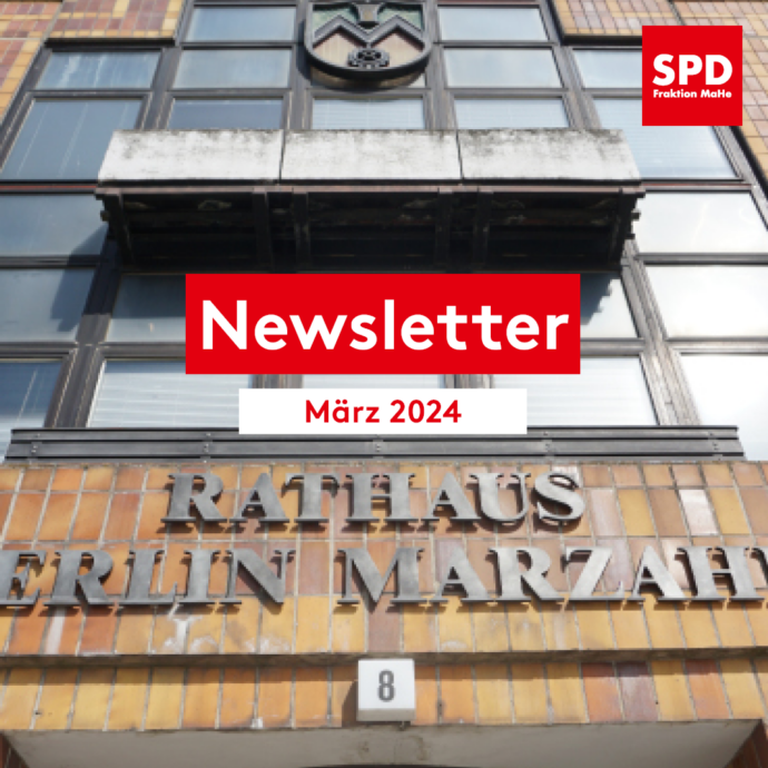 Bild vom Rathaus Marzahn. Text: "Newsletter März 2024"