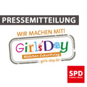Bild vom Logo des Girls' Day auf weißem Grund. Text: "Pressemitteilung - Wir machen mit! Girls' Day Mädchen-Zukunftstag